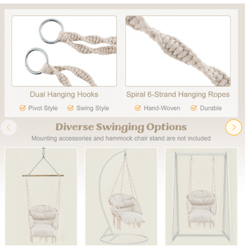 Hammock Chair with Thick Cushion and Macrame Holds up to 330 LBS