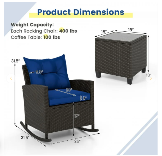 3-Piece Patio Rattan Rocker Chairs with Glass Table, Dark Blue (Fully Assembled)