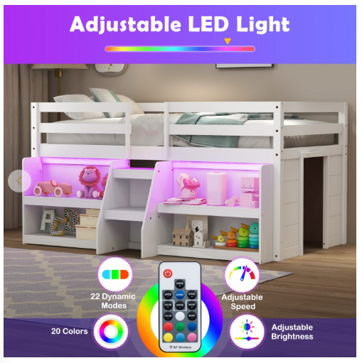 Twin Size Loft Bed with LED Lights with Staircase and Safety Guardrail (1 Box)