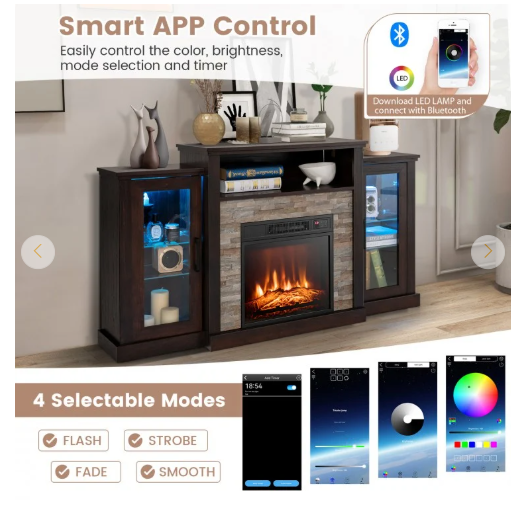 Fireplace TV Stand, TV Console with Fireplace Insert with remote, LED Lights with remote & Adjustable Glass Shelves, App Control, Fully Assembled