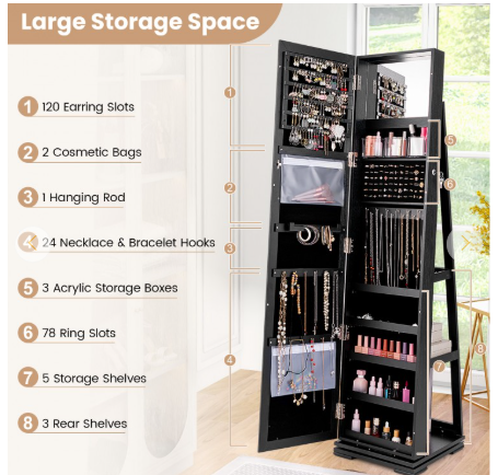 Special - 360° Rotatable 2-in-1 Lockable Jewelry Cabinet with Full-Length Mirror (Assembled)