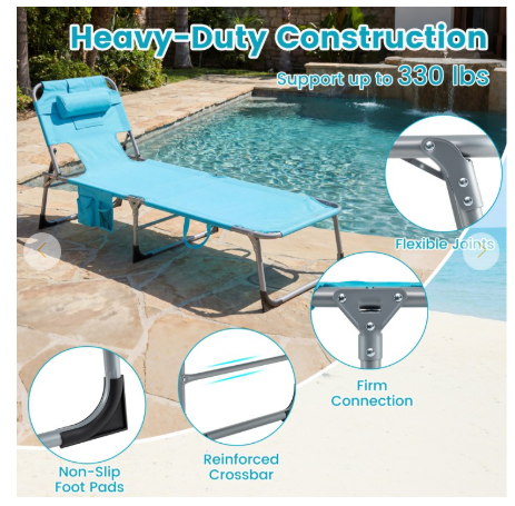 Portable Folding Chaise Lounge Chair with 4-Position Adjustable Backrest -Turquoise
