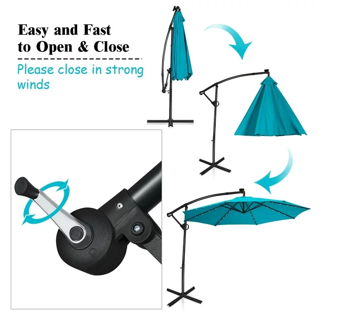 10 ft 360° Rotation Solar Powered LED Patio Offset Umbrella -Turquoise