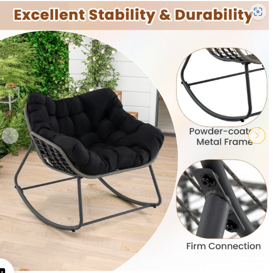 Outdoor Rocking Chair Oversized Patio PE Wicker Egg Chair with Cushion - Black