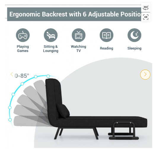 Folding 6 Position Convertible Sleeper Bed Armchair Lounge Couch- Black (See description)