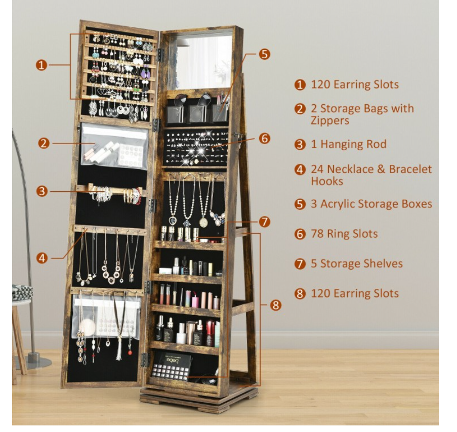 360° Rotatable 2-in-1 Lockable Jewelry Cabinet with Full-Length Mirror, Scratch and Dent