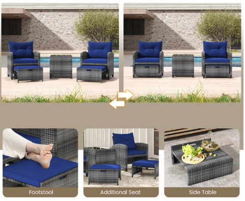 5 Pieces Patio Rattan Sofa Ottoman Furniture Set with Cushions-Navy (Fully Assembled)