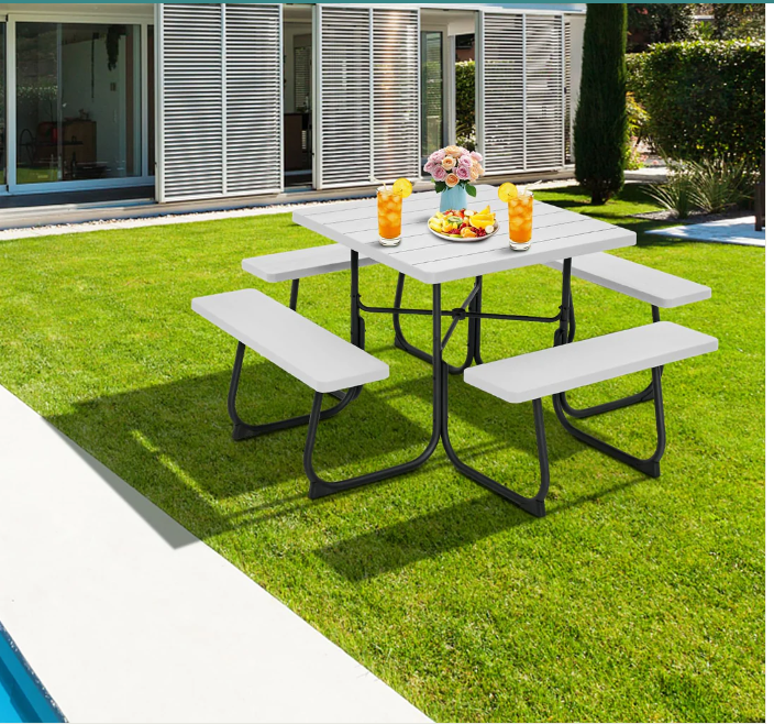 Outdoor Picnic Table with 4 Benches and Umbrella Hole-Gray - Fully Assembled