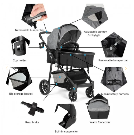 SPECIAL, 2 in 1 Foldable Pushchair Newborn Infant Baby Stroller-Grey