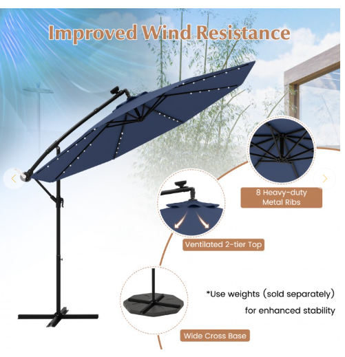 SPECIAL - 10 Feet Patio Offset Umbrella with sandbag plus 32 Solar-Powered LED Lights-Navy (see Description)