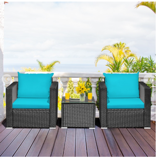 3 Pieces Cushioned Rattan Patio Set with Coffee Table-Turquoise, Fully Assembled
