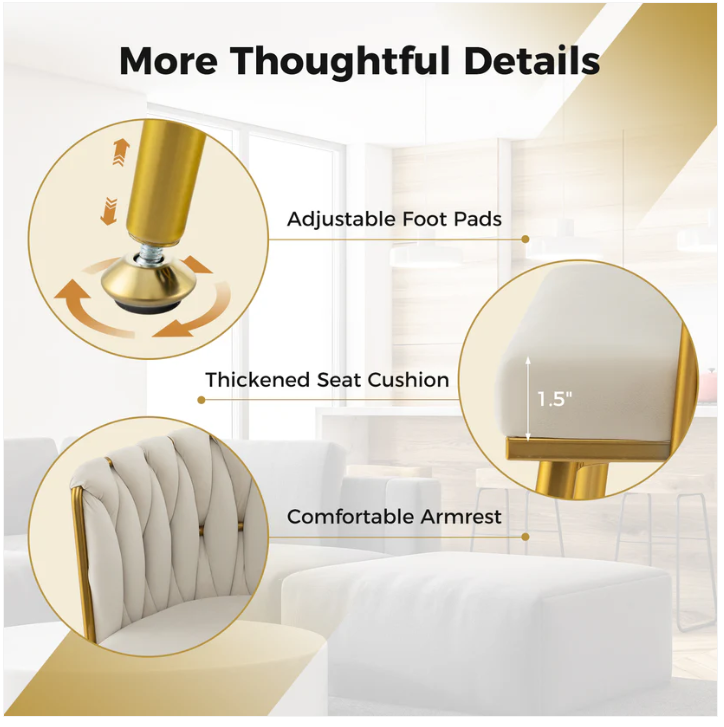 Set of 2 Upholstered Dining Chair w/ Curved Backrest and Metal Tubes-Cream