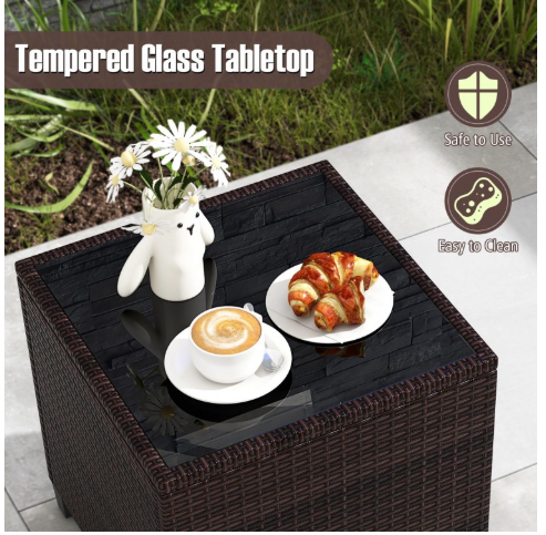 3 Pieces Cushioned Rattan Patio Conversation Set with Coffee Table-Grey (Assembled)