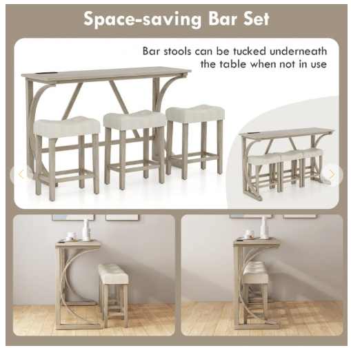 4-Piece Bar Table Set with Power Outlet and Upholstered Saddle Seat Stools (Fully Assembled)