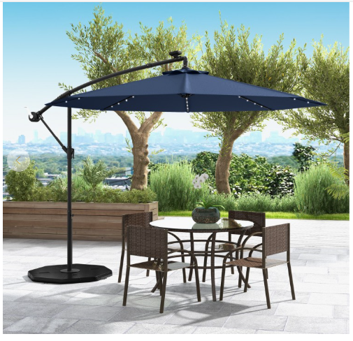 SPECIAL - 10 Feet Patio Offset Umbrella with sandbag plus 32 Solar-Powered LED Lights-Navy (see Description)