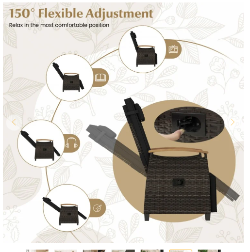 Patio Wicker Recliner Chair with Adjustable Backrest and Footrest-Black (Assembled)