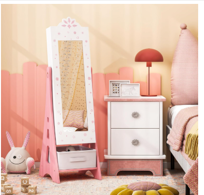 Kids Jewelry Armoire Cabinet, 43.5" with Full-Length Mirror (Assembled)
