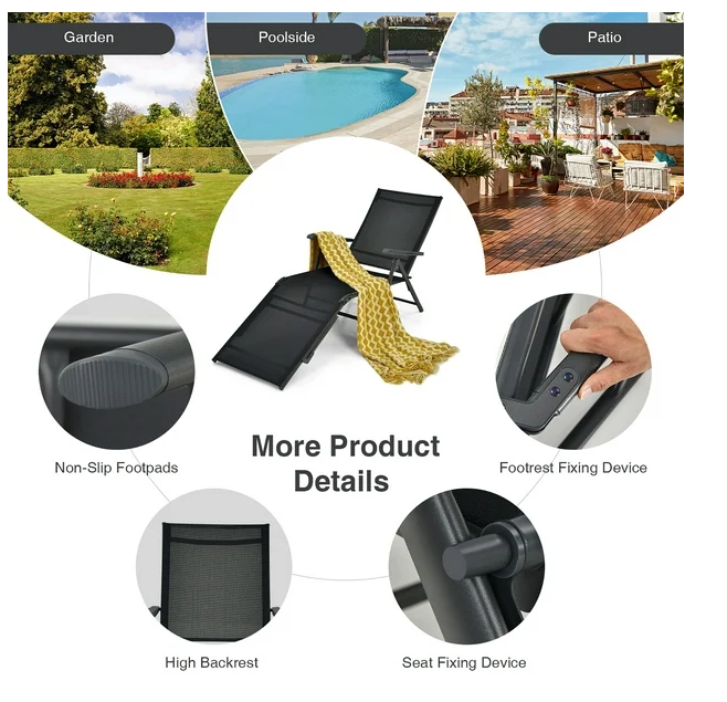 Patio Folding Chaise Lounge Chair Outdoor Portable Reclining Lounger Beach Black