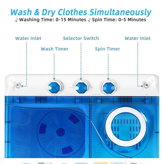 26lbs Portable Semi-Automatic Twin Tub Washing Machine with Drain Pump- Blue/White