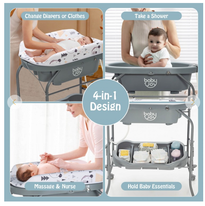 Folding Baby Changing Table with Bathtub and 4 Universal Wheels