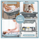 Folding Baby Changing Table with Bathtub and 4 Universal Wheels - Assembly Required