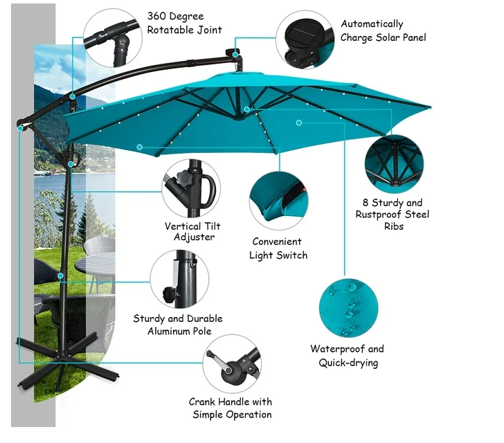 10 ft 360° Rotation Solar Powered LED Patio Offset Umbrella -Turquoise