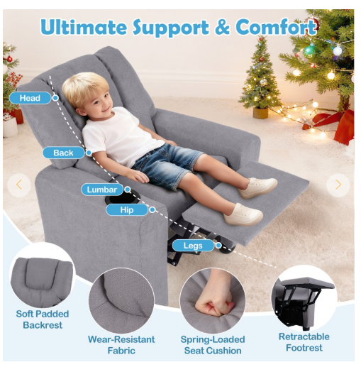 Kids Recliner Chair Push Back Toddler Reclining Armchair with Cup Holder-Grey