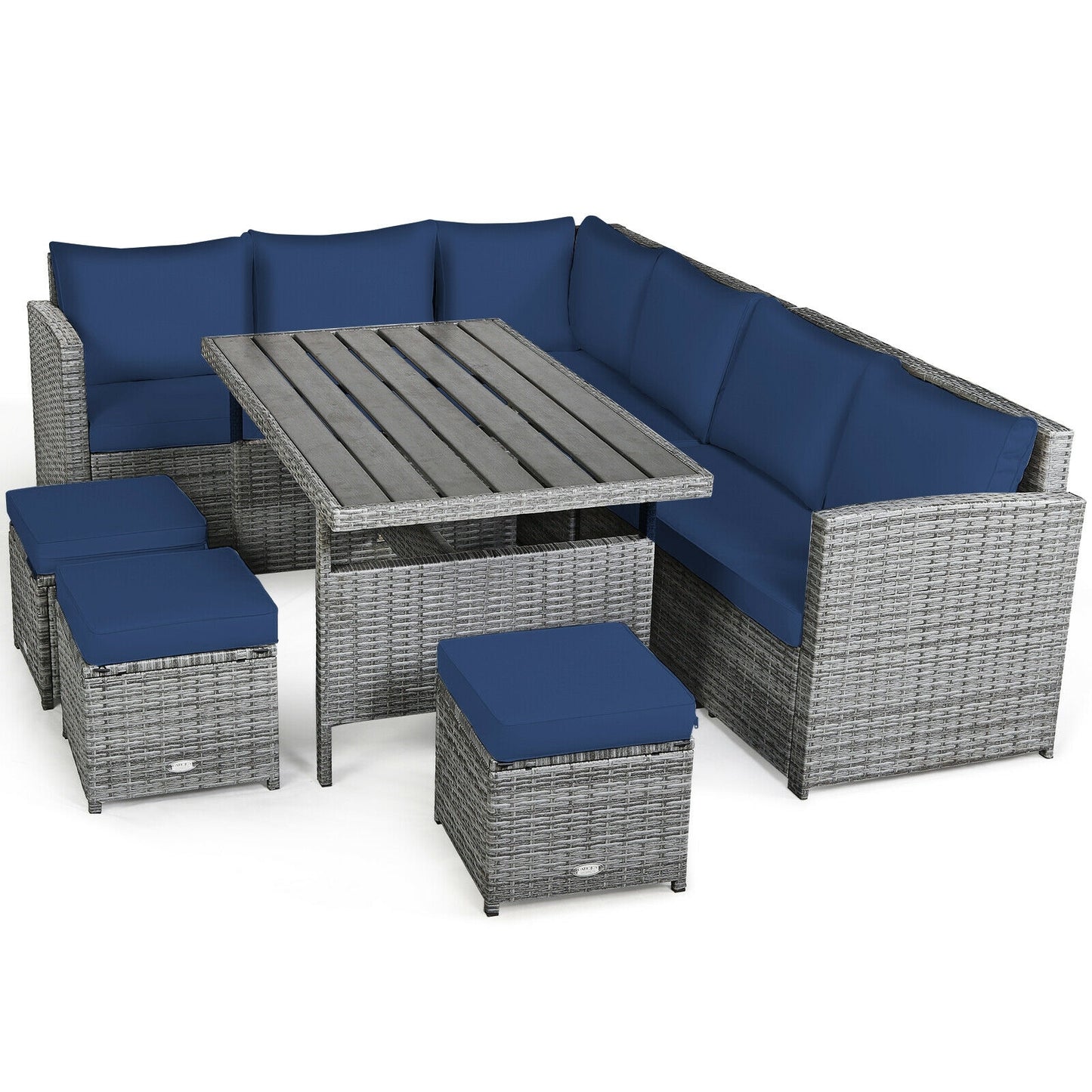 NO TAX SPECIAL, 7 Pieces Patio Rattan Dining Furniture Sectional Sofa Set with Wicker Ottoman-Navy (Copy)