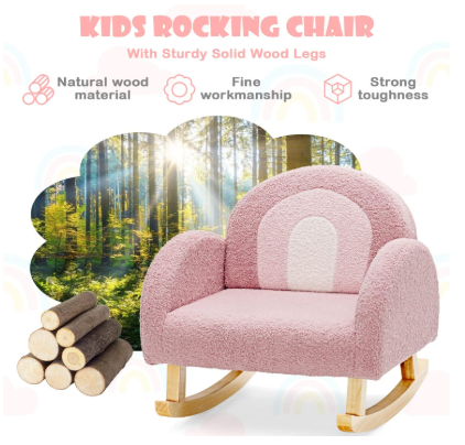 Toddler Rocking Chair with Solid Rubber Wood Frame Soft Velvet Cover-Pink (See Description)