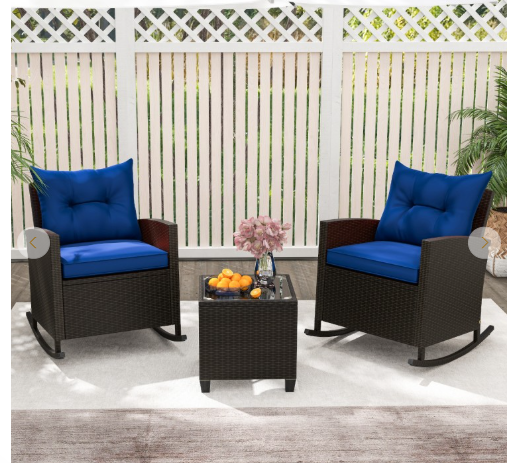 3-Piece Patio Rattan Rocker Chairs with Glass Table, Dark Blue (Fully Assembled)