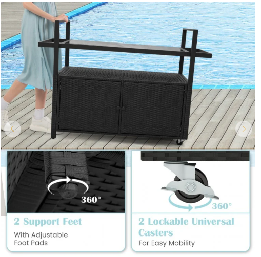 TAX FREE/SPECIAL - Bar Cart Wicker Buffet Serving Cart with Cabinet and 8 Hooks (See Decsription)