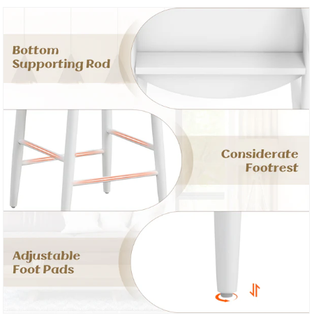 Wooden Bar Chair Set of 2 with Backrest and Footrest for Home Restaurant Cafe-White