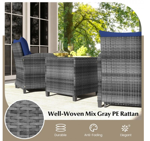 5 Pieces Patio Rattan Sofa Ottoman Furniture Set with Cushions-Navy (Fully Assembled)