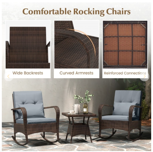 3 Pieces Outdoor Rocking Set with Tempered Glass Coffee Table for Backyard Poolside