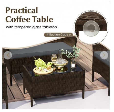 4 Piece Patio Rattan Conversation Set with Cozy Seat Cushions-Grey  (Assembled)