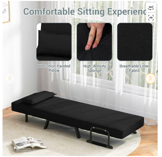 Folding 6 Position Convertible Sleeper Bed Armchair Lounge Couch- Black (See description)