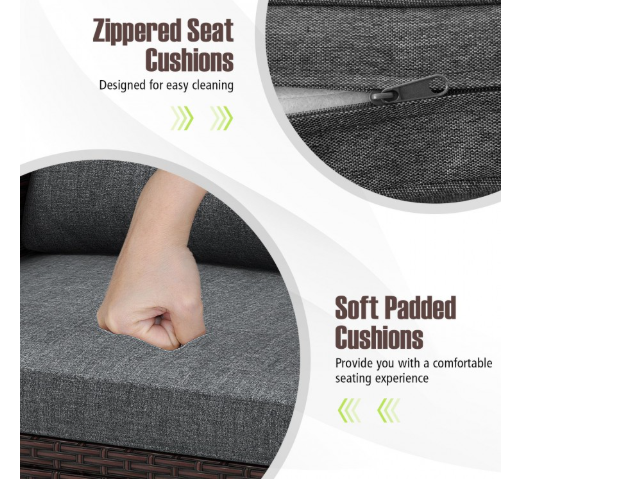 3 Pieces Cushioned Rattan Patio Conversation Set with Coffee Table-Grey (Assembled)