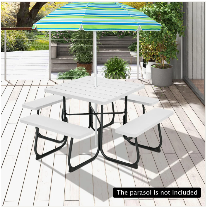 Outdoor Picnic Table with 4 Benches and Umbrella Hole-Gray - Fully Assembled