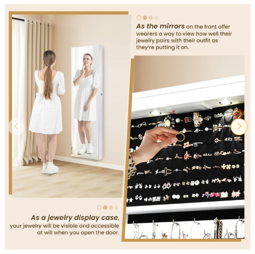 Lockable Wall Mount Mirrored Jewelry Cabinet with LED Lights-White