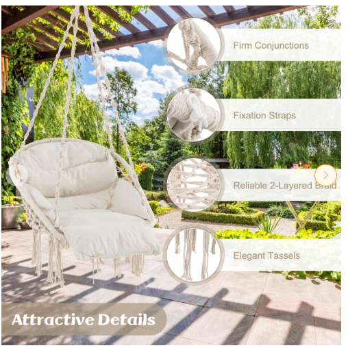 Hammock Chair with Thick Cushion and Macrame Holds up to 330 LBS