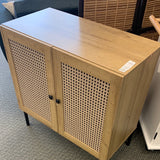 Boho Sideboard with 2 Rattan Doors, Adjustable Shelf, and Steel Legs, fully assembled