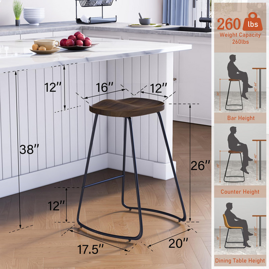 4 Piece Set, Alazia Solid Wood Backless Saddle Seat Stool Set with Footrest, fully assembled