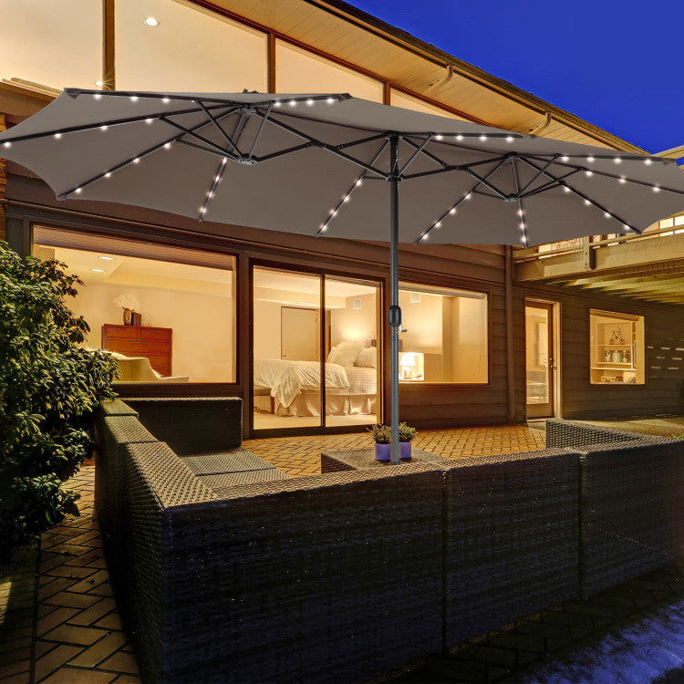 15 Feet Double-Sided Patio Umbrella with 48 LED Lights, beige, weighted stand not included