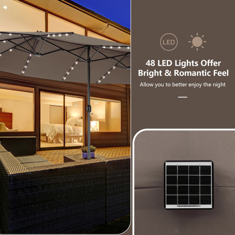 15 Feet Double-Sided Patio Umbrella with 48 LED Lights, beige, weighted stand not included