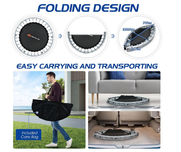 40 Inch Folding Exercise Trampoline Rebounder with 4-Level Handrail Carrying Bag *UNASSEMBLED/IN BOX*