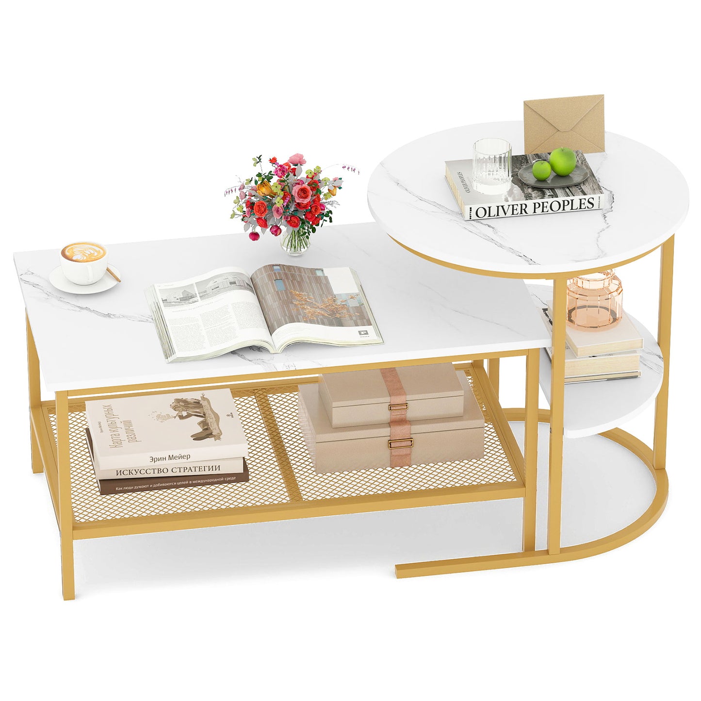 2-Tier Rectangle Coffee Table and Side End Table with Storage Shelves- (Scratch and Dent)