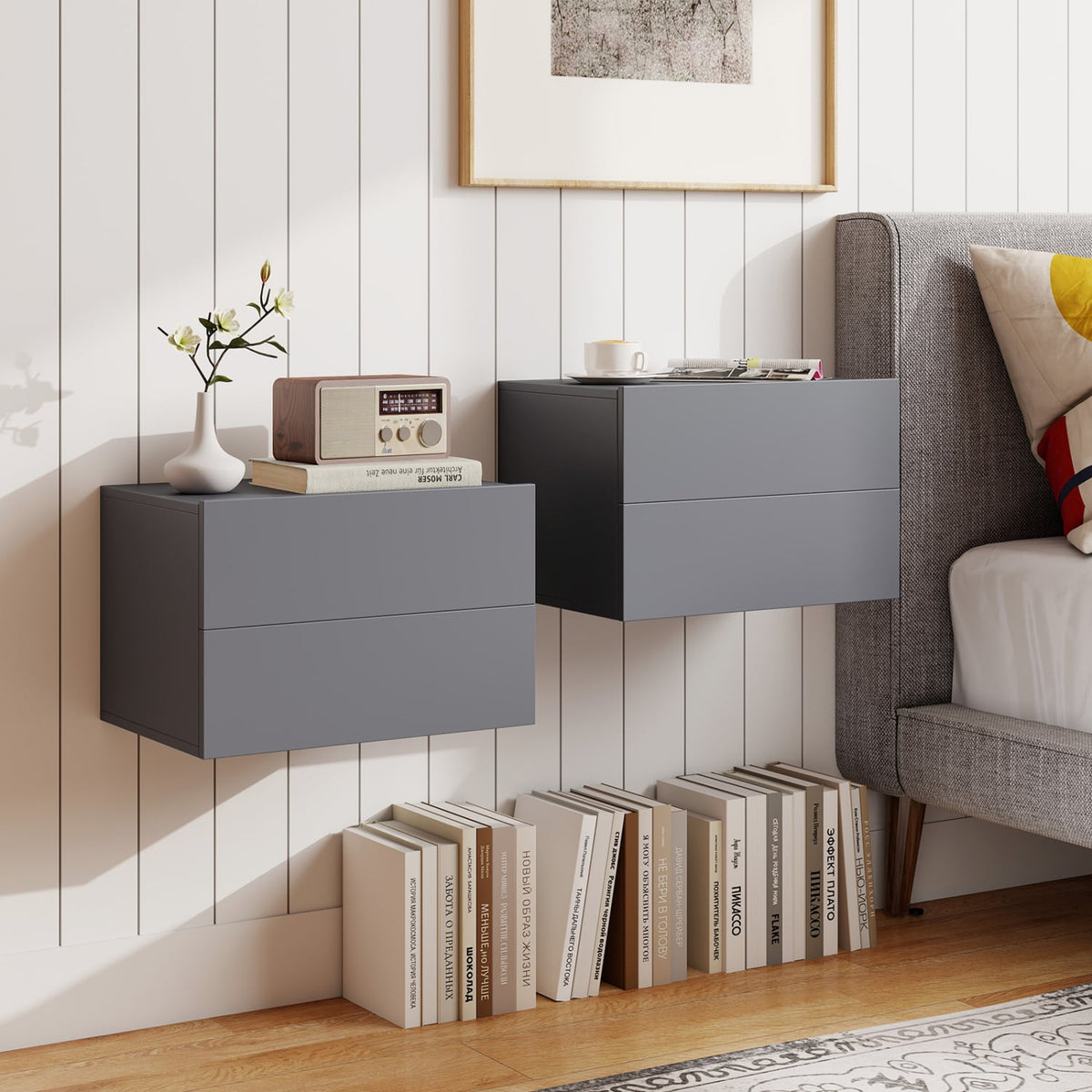 Floating Nightstand with 2 Storage Drawers Wall Mounted for Bedroom-Gray