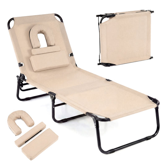 Folding Face Down Tanning Chair with Face Hole 3 Removable Pillows-Beige
