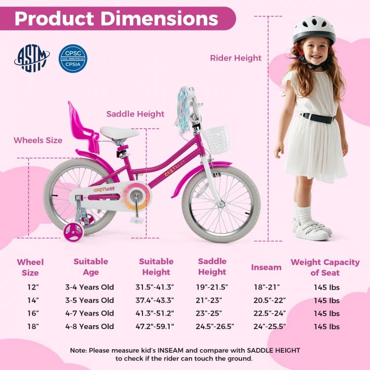 18 Inch with Front Basket, 2 Brake System, and doll seat, Fully Assembled, OURS IS LIGHT PINK