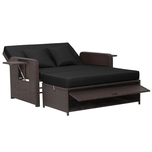 Patio Rattan Daybed with 4-Level Adjustable Backrest and Retractable Side Tray-Black (Assembled)